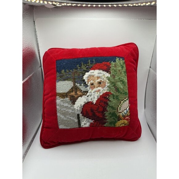 Vintage Needlepoint Xmas Santa Hand Embroidered Wool & Velvet Pillow NICE - Picture 8 of 15